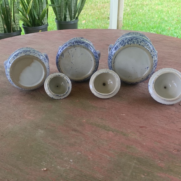 Vintage Blue Speckled Stoneware Lidded Bean Jar Set of 3 - Picture 4 of 8